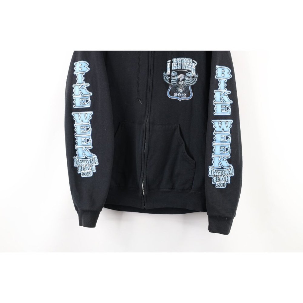 Y2K Mens Medium Faded Spell Out Tribal Daytona Bike Week Full Zip Hoodie Black - Picture 3 of 11
